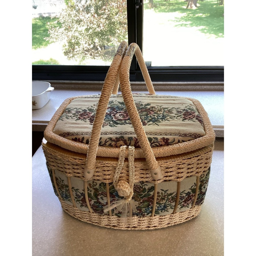 Vintage plastic wicker floral tapestry sewing basket with contents